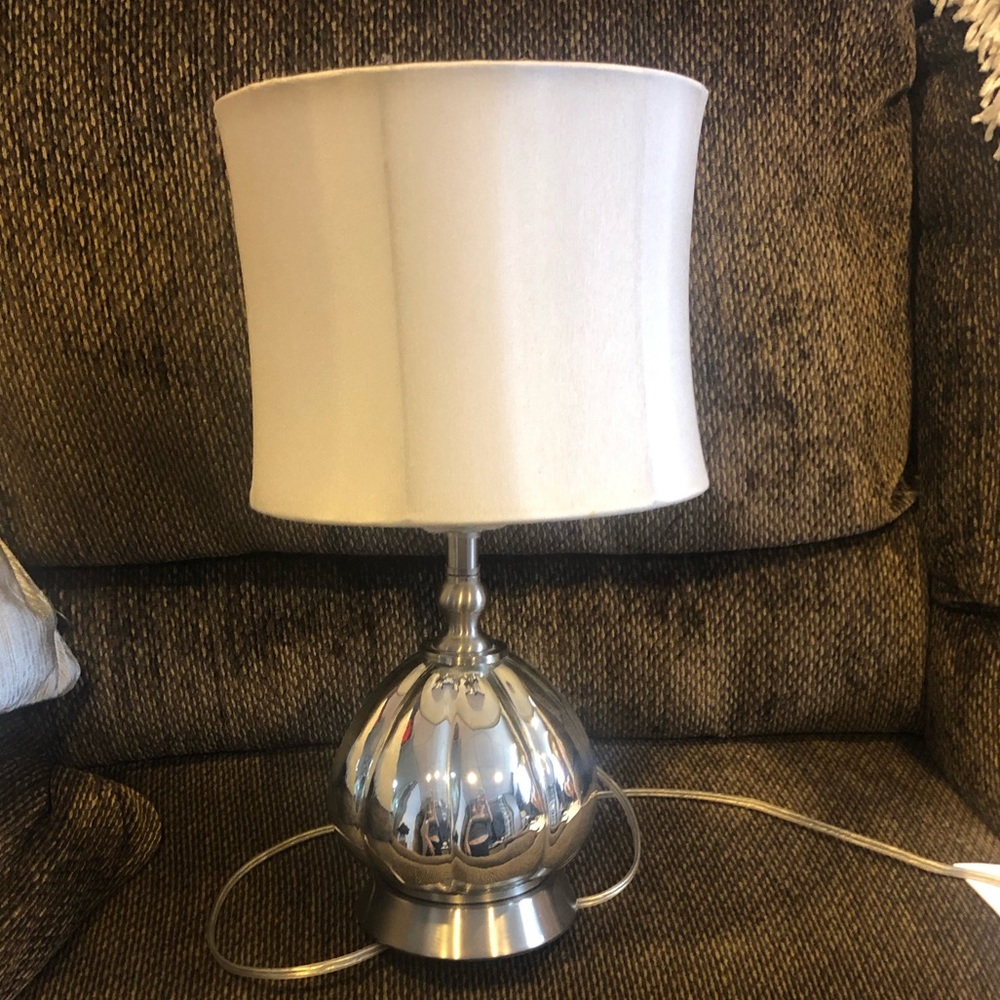 Lamp- linen shade, shiny silver base!